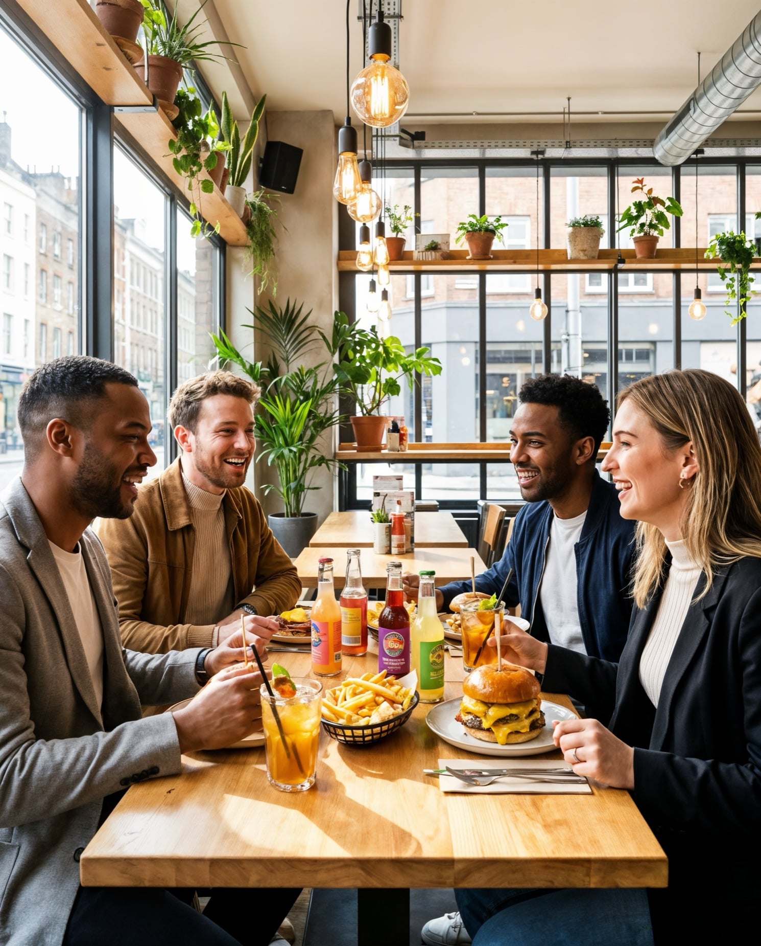 Grupo de amigos compartiendo una comida en un restaurante