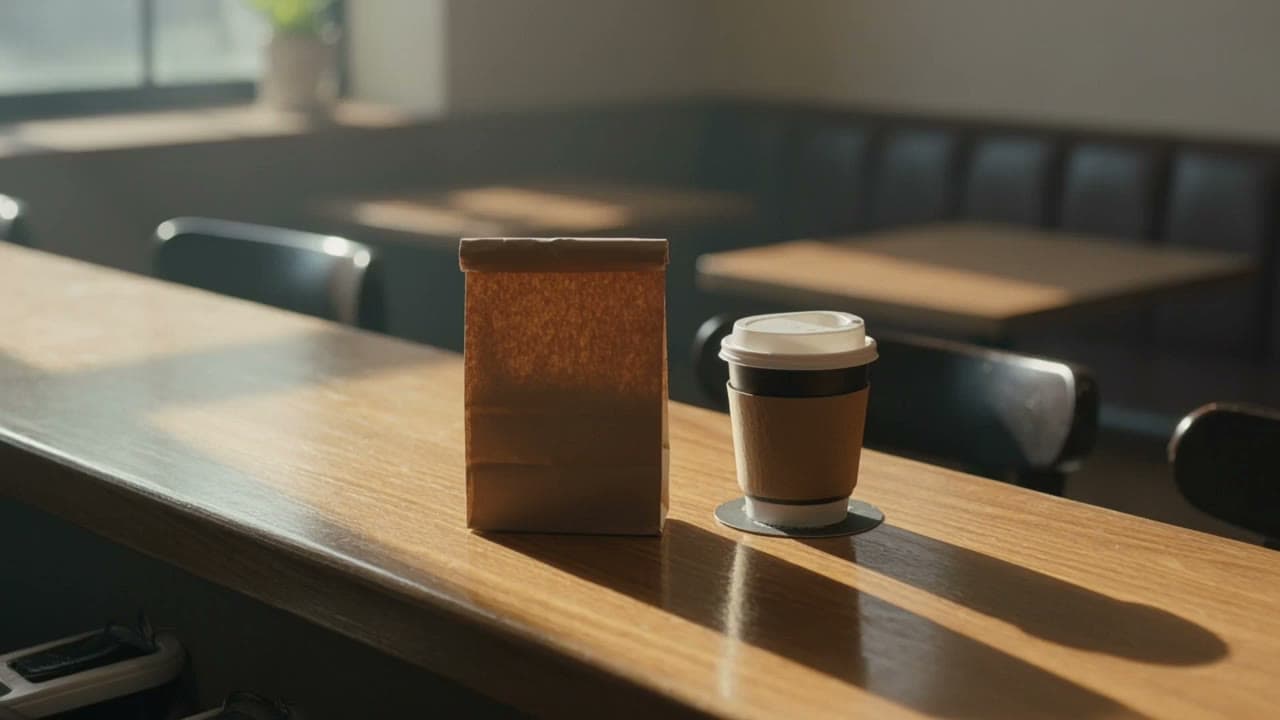 Un pedido para llevar esperando en el mostrador, con la luz de la mañana avanzando
