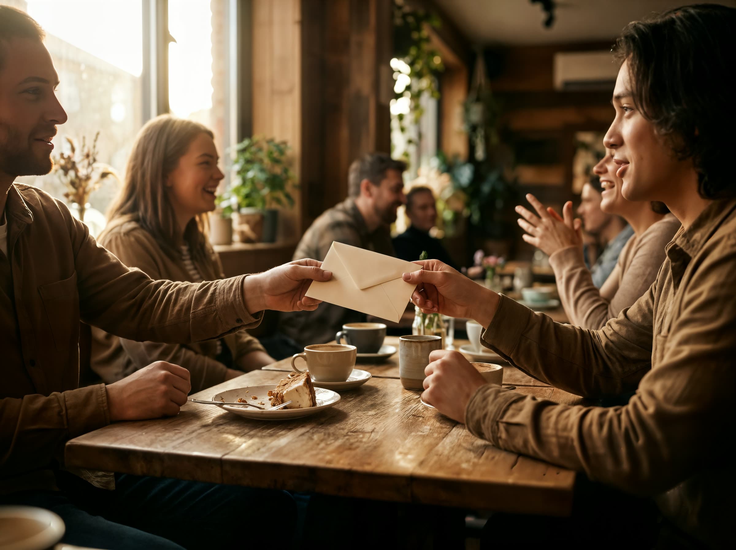 Alguien entregando un regalo en la mesa de un café