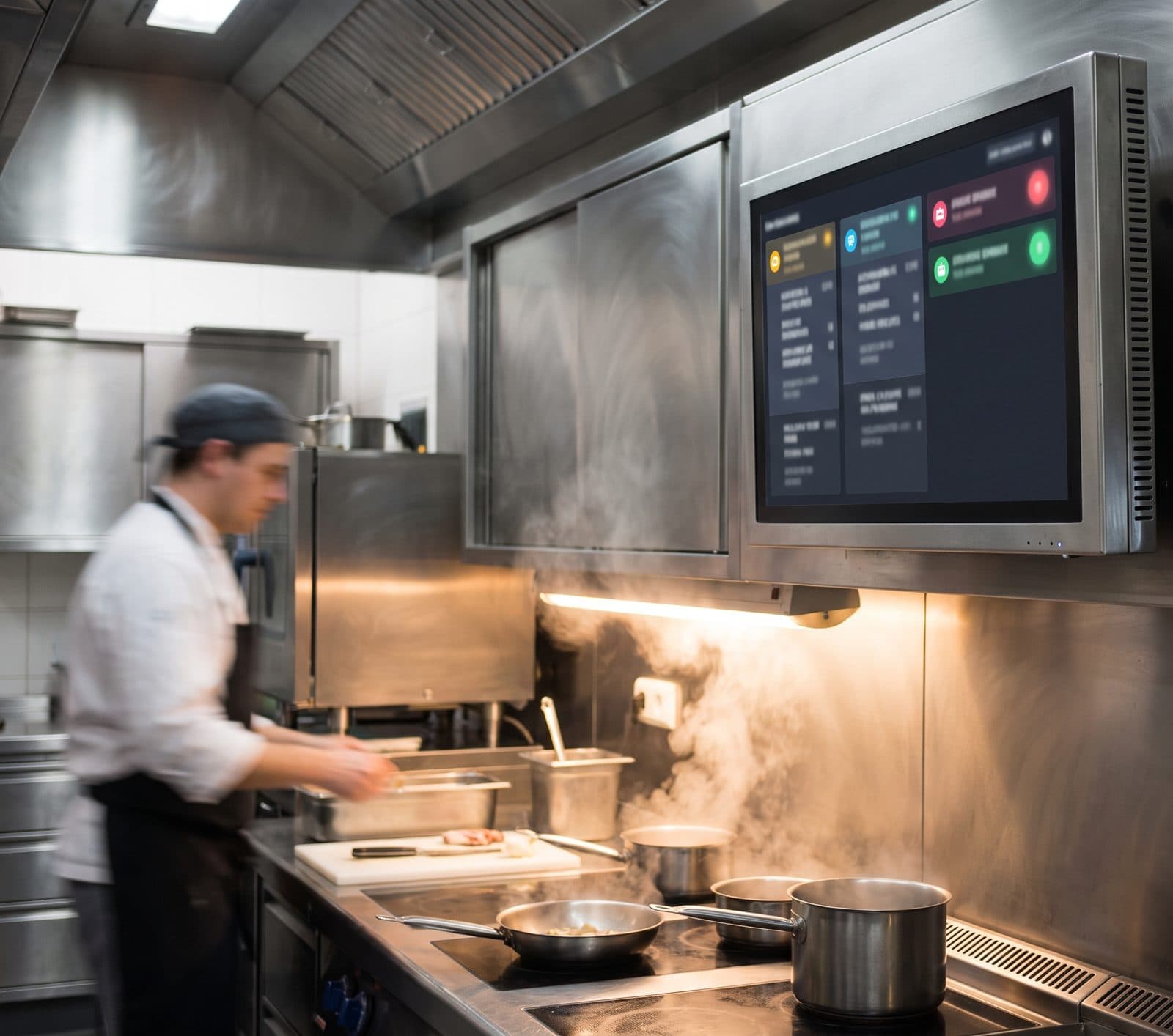 Una pantalla de cocina montada en la pared de una cocina en servicio