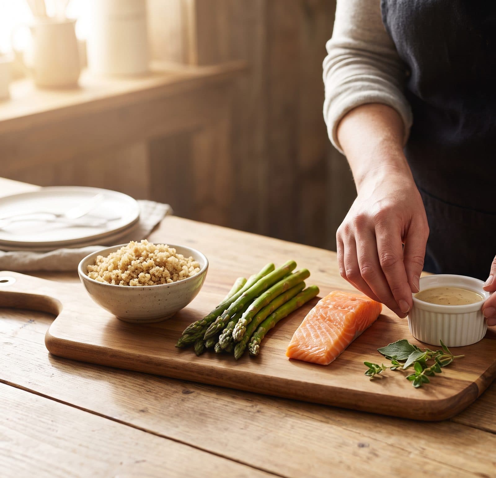 Los ingredientes de un plato dispuestos sobre una tabla de madera