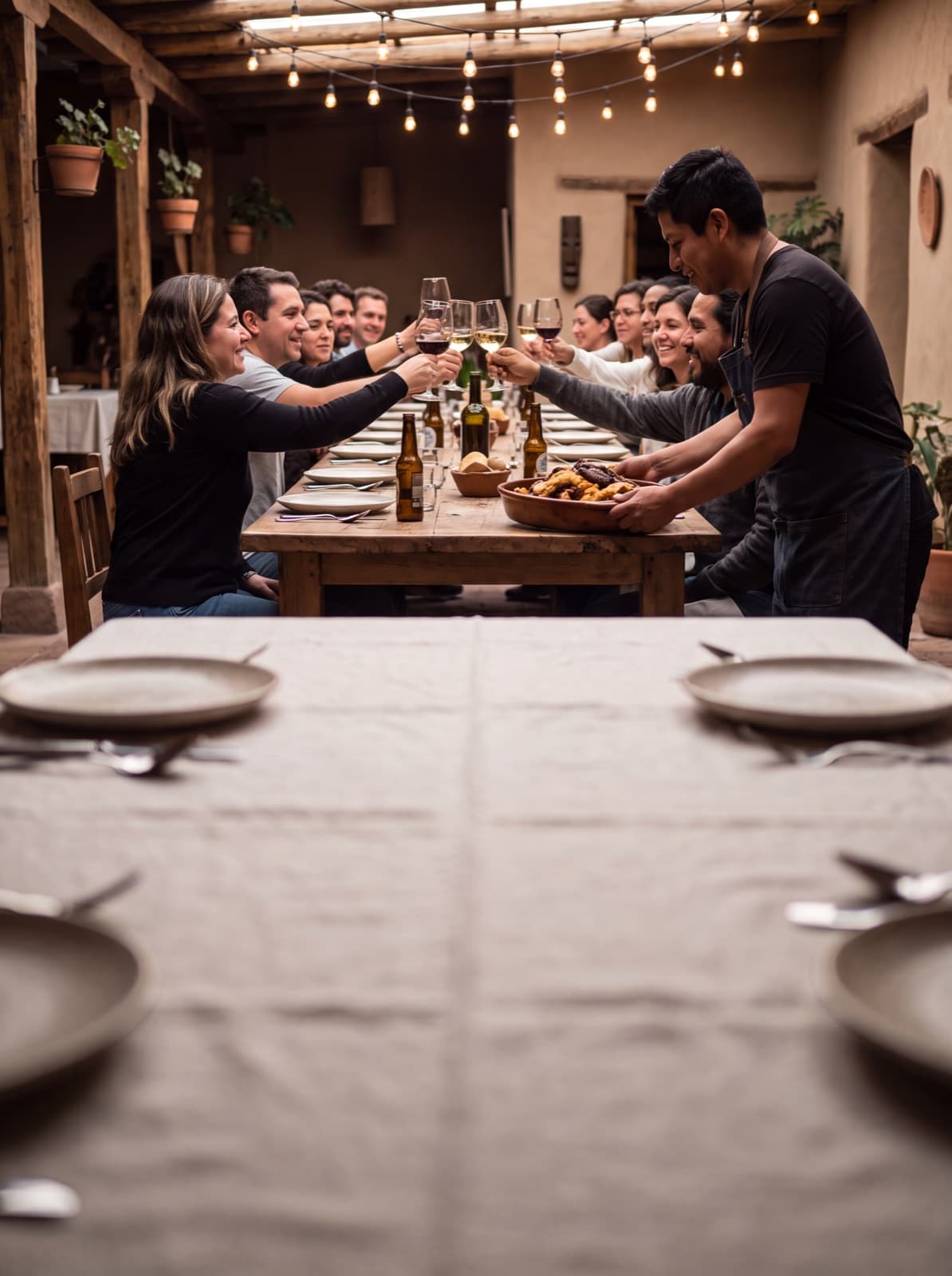 Un brindis en una mesa larga durante un evento