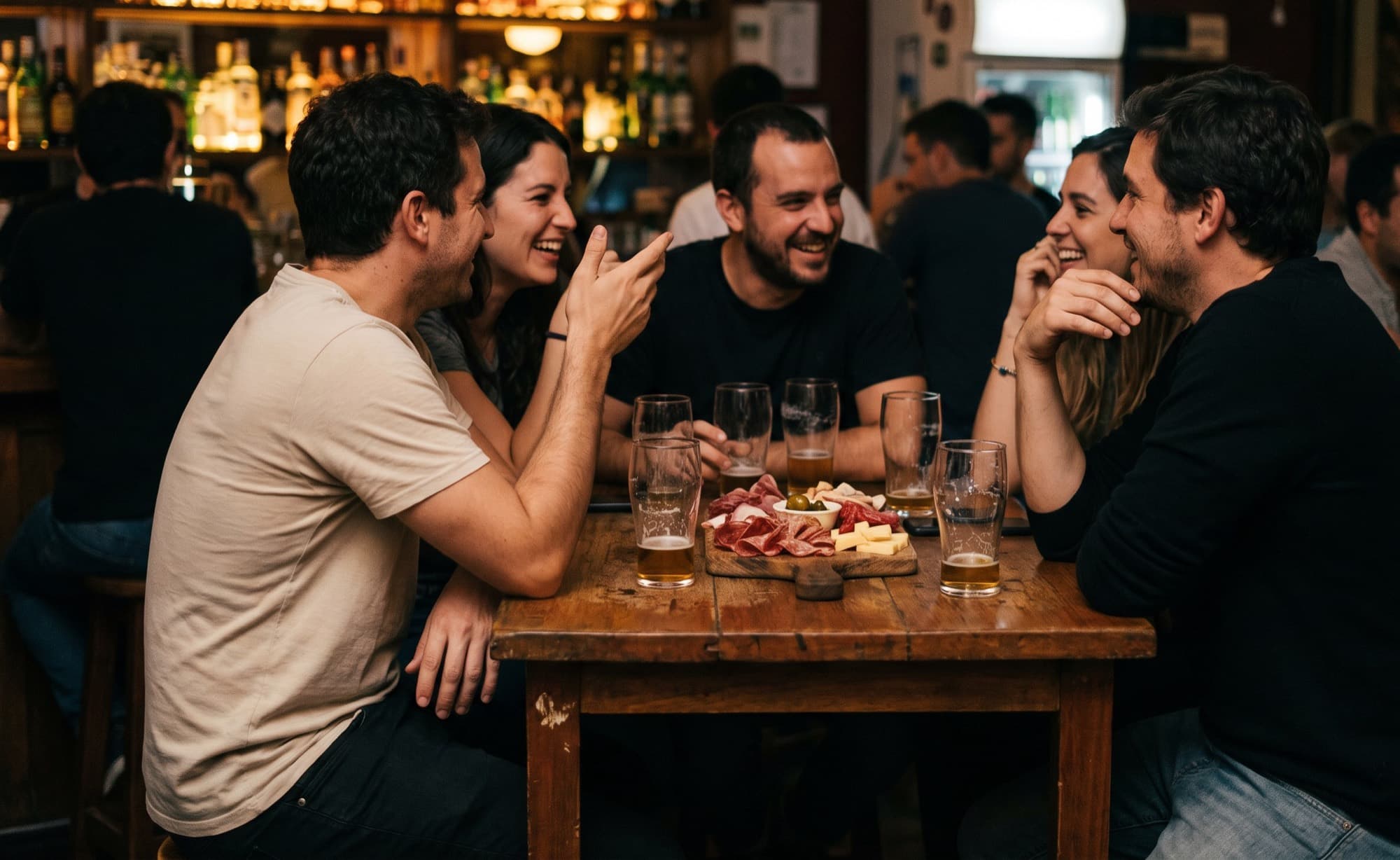 Una mesa de bar con cervezas y picada entre amigos