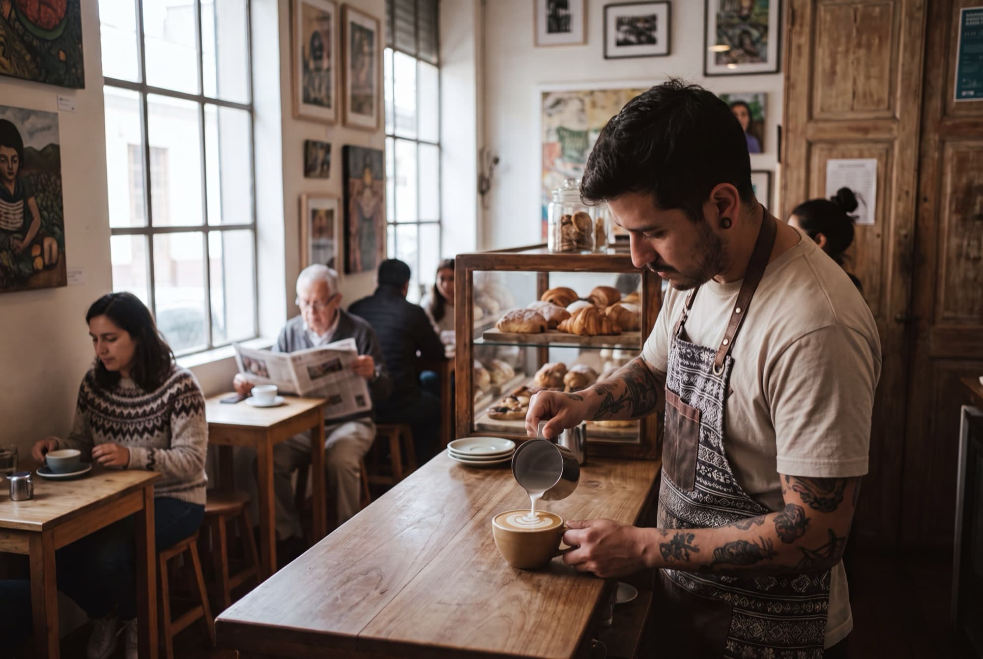 Una barista sirviendo en una cafetería de barrio