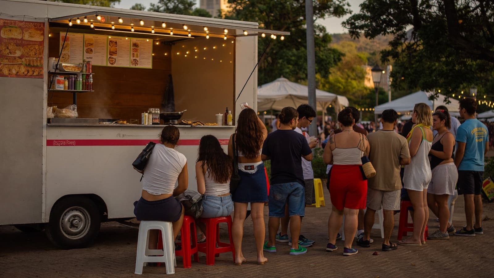 Un food truck iluminado al atardecer con gente esperando su pedido