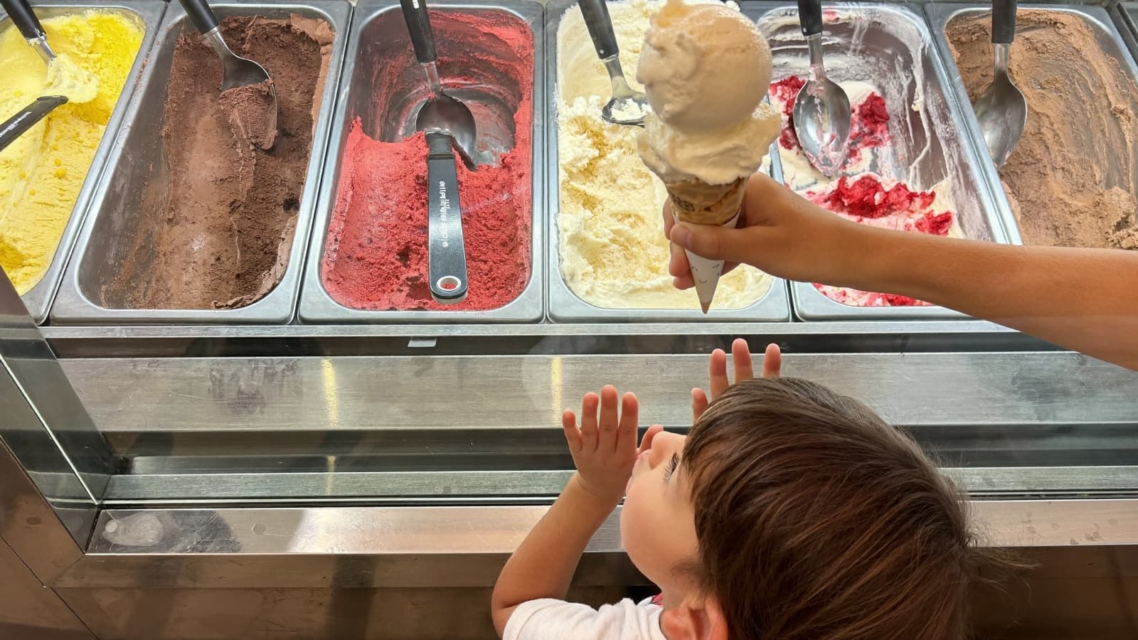 Un nene eligiendo gustos contra el vidrio de la heladería