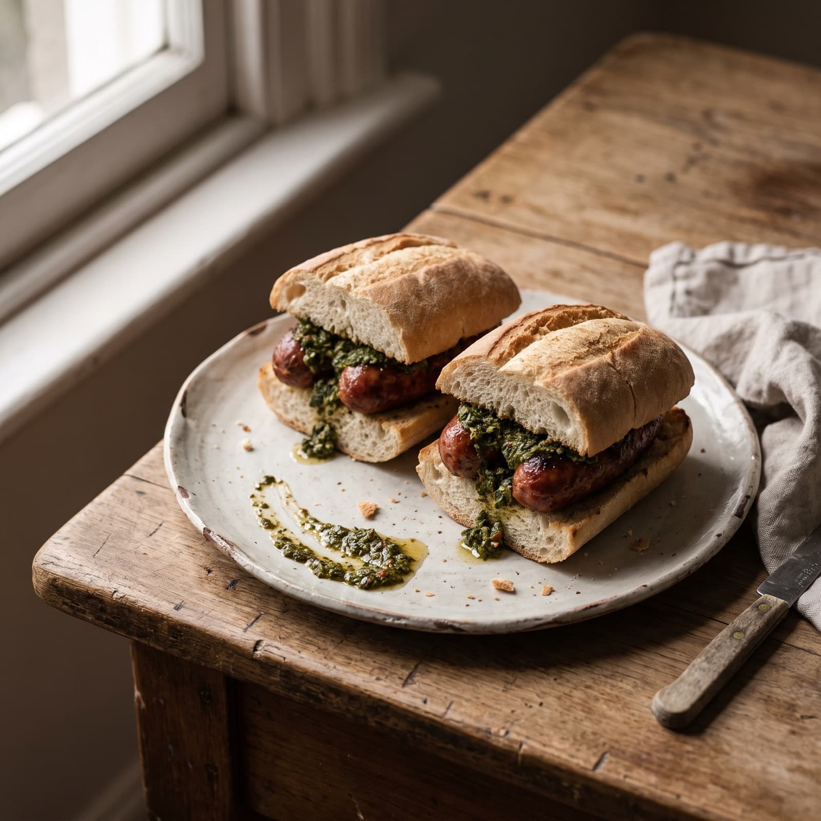 Un choripán con chimichurri sobre la tabla