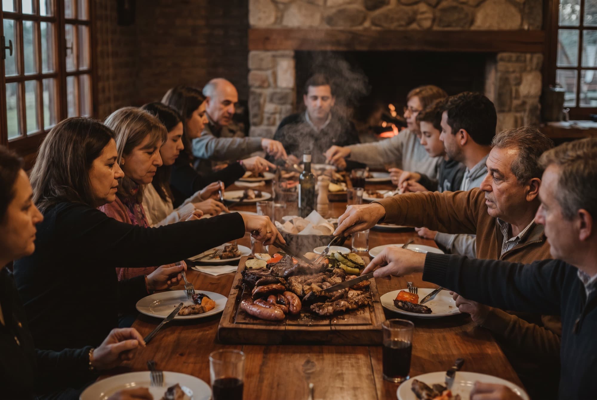La mesa larga compartiendo el asado del centro