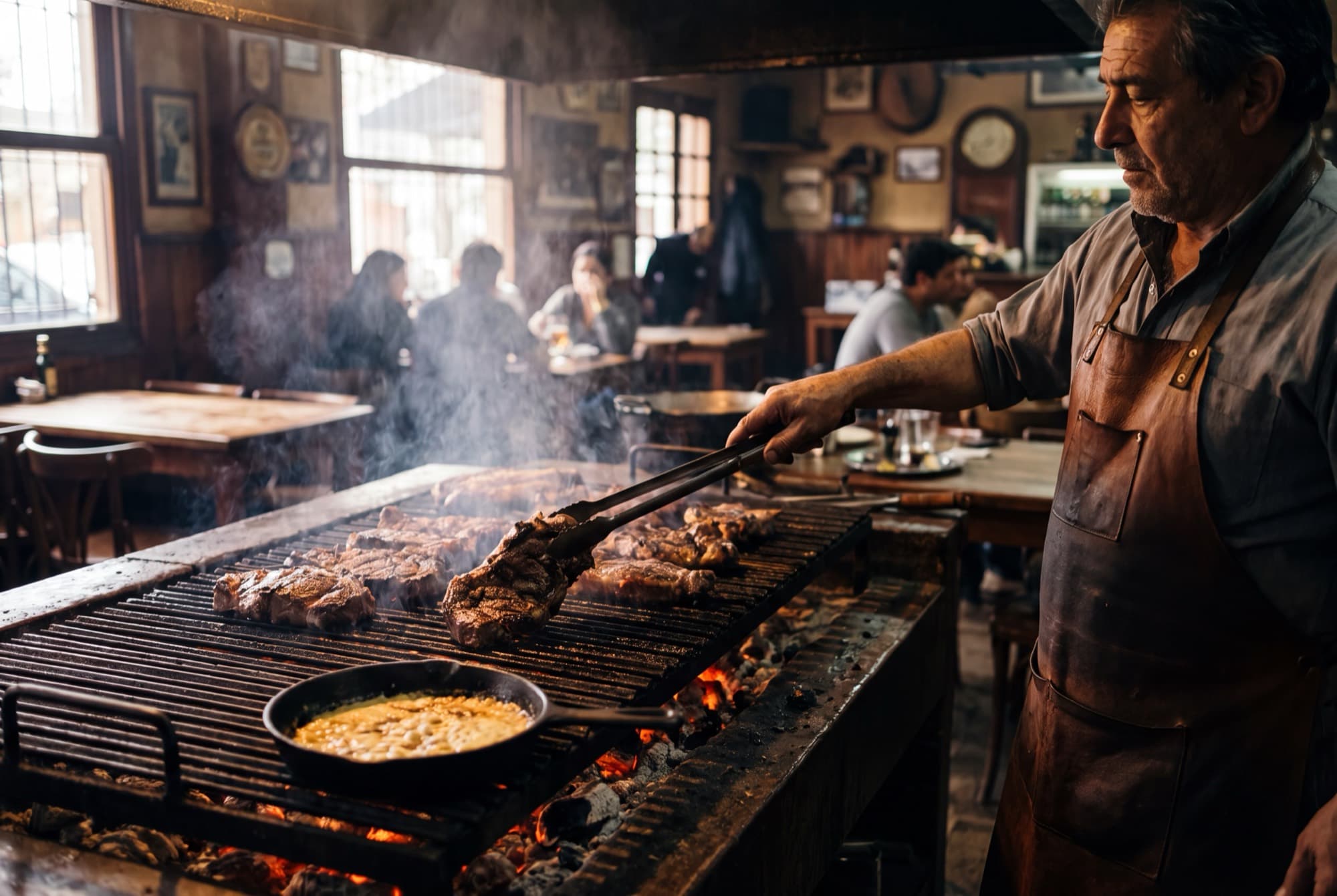 El asador trabajando sobre las brasas