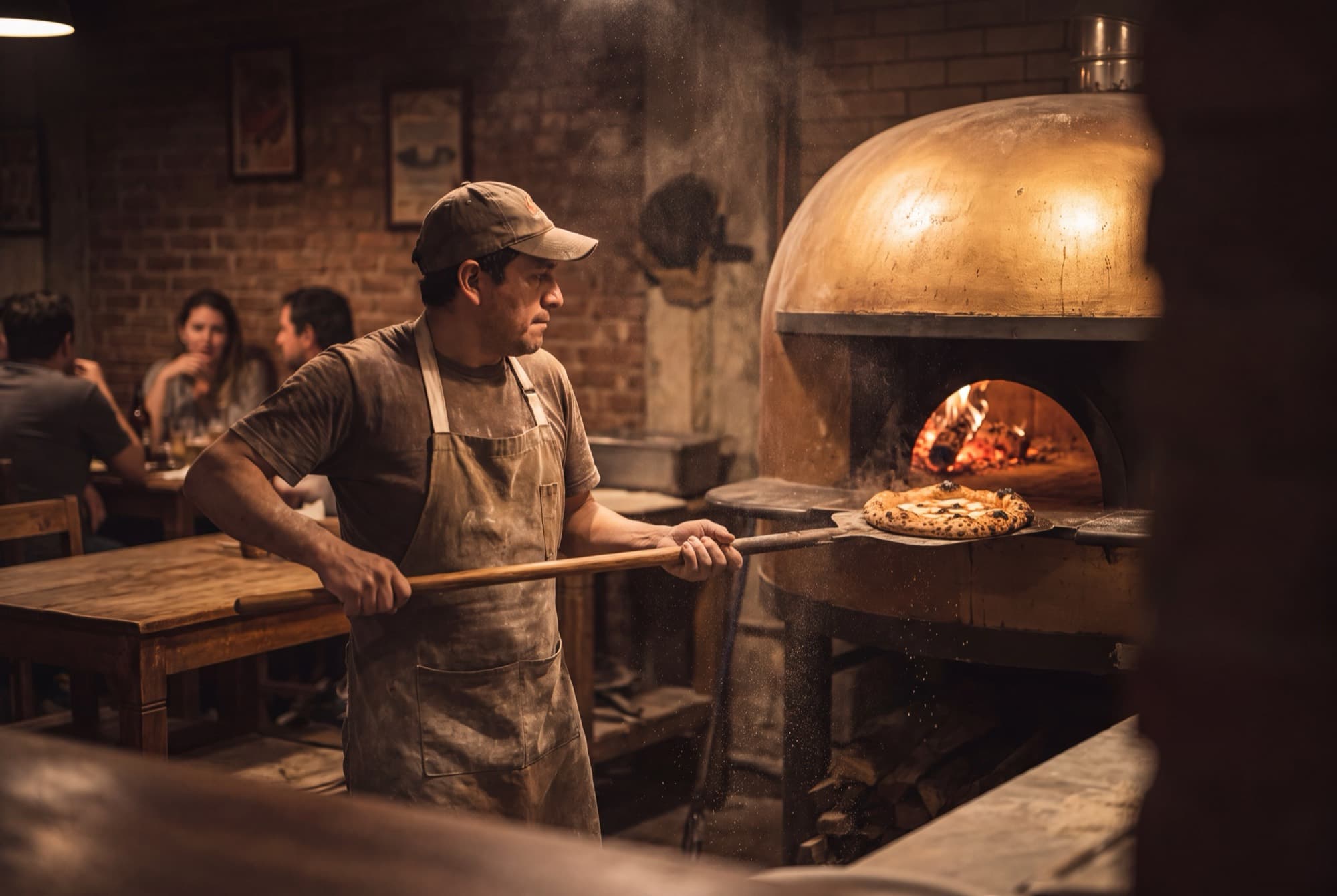 Un pizzero trabajando frente al horno de barro