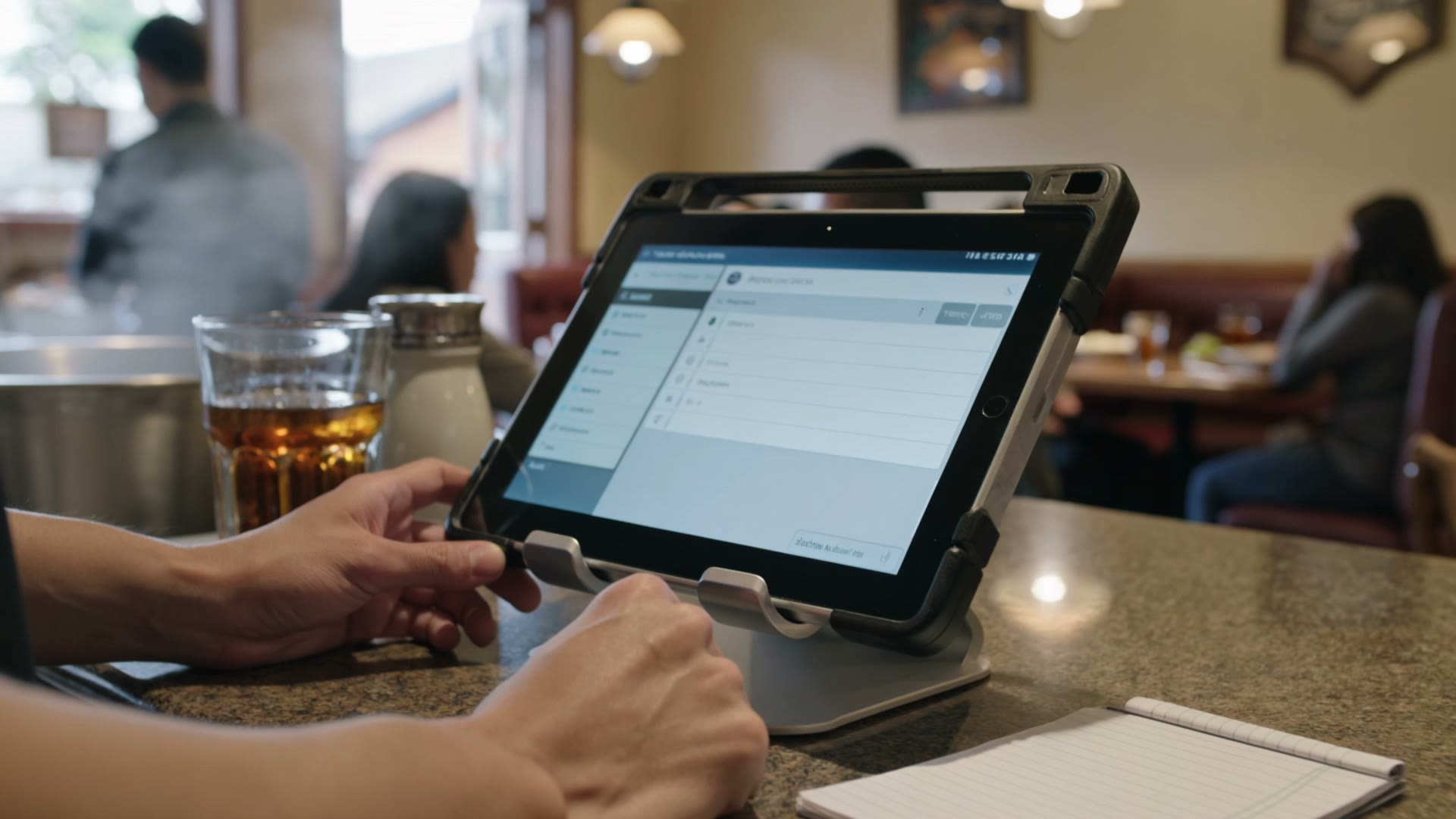 Las manos de un cajero operando una tablet en el mostrador de un restaurante