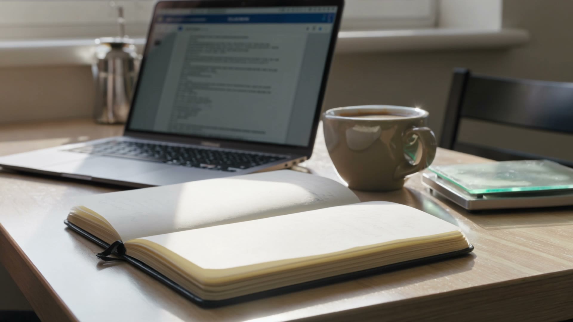 El escritorio del dueño: una notebook, un cuaderno abierto y un café