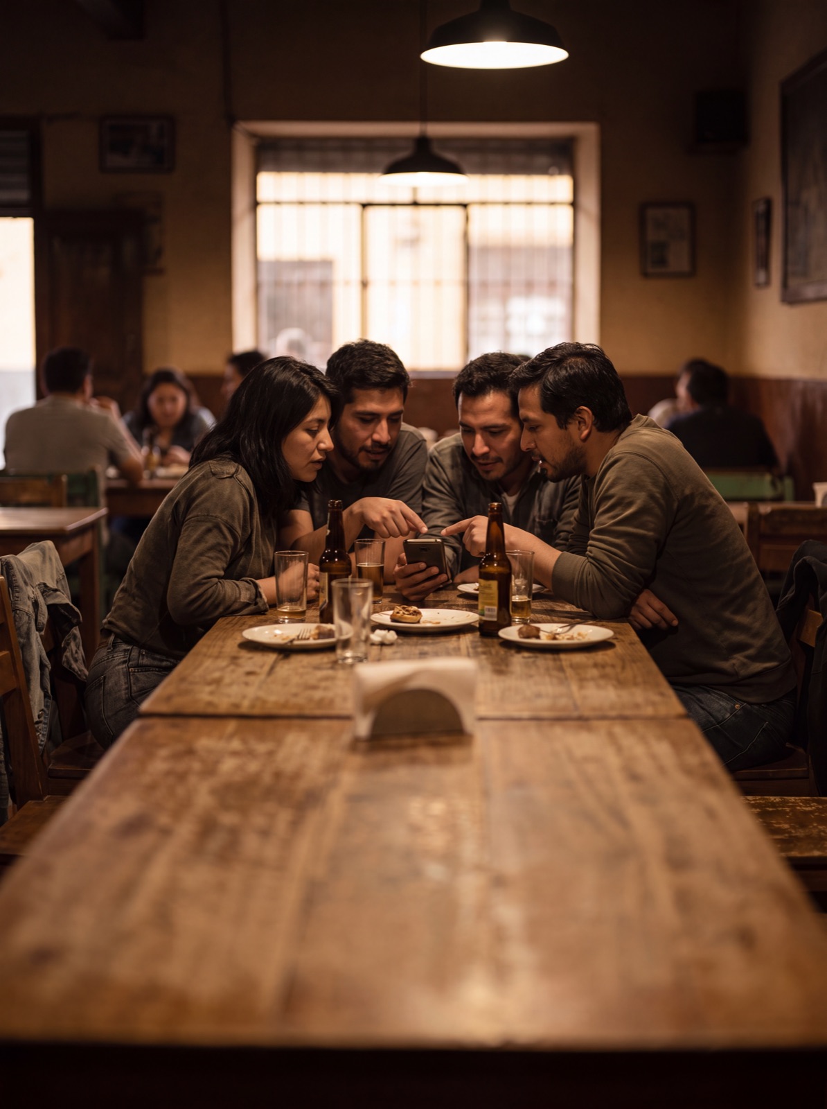 Una mesa compartida sirviéndose de los platos del centro