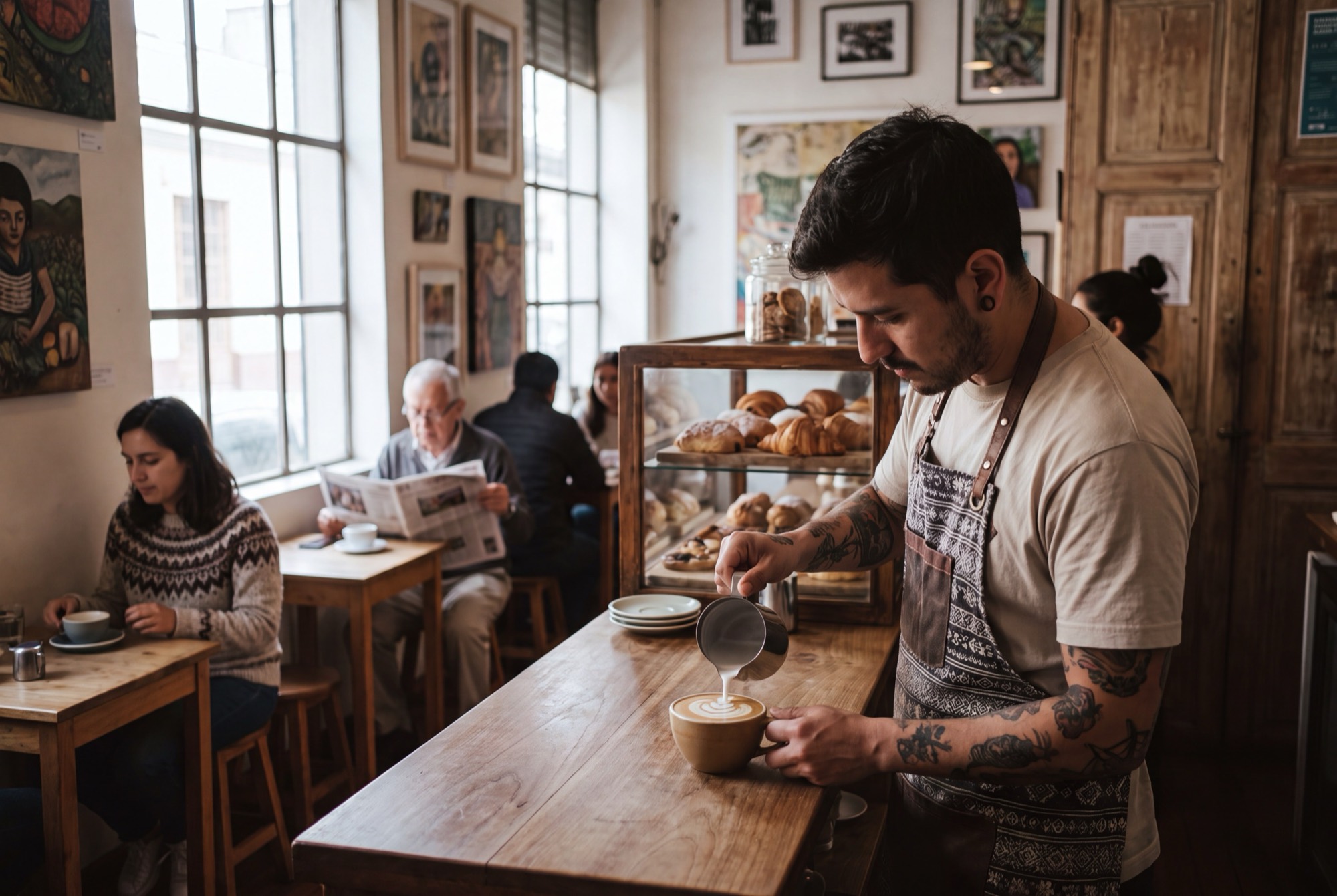 La bandeja con el cortado y las medialunas llegando a la mesa de mármol